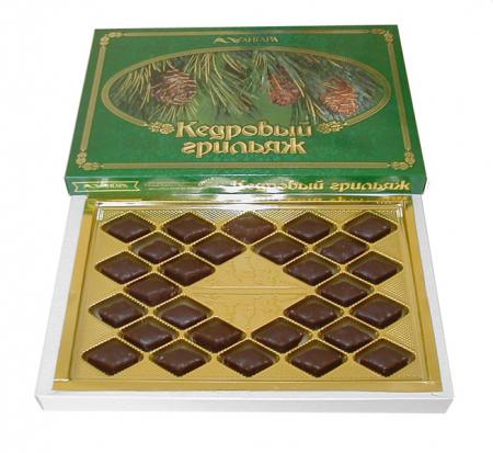 Кедровый грильяж в шоколаде (коробка - 200 гр.) ф-ка "Ангара" г. Иркутск